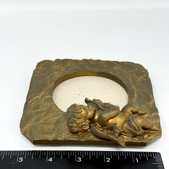 Cherub Playing Lute Angel Picture Frame Gold Rustic Stone Retro Vintage Style - Picture 5 of 6